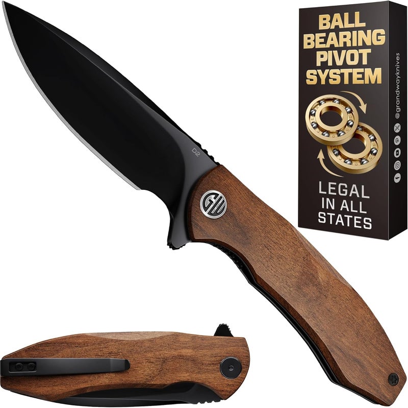GOOD WORKER Legal Pocket Knife - 2.95" D2 Steel Sharp Blade - Dark Guibourtia Wood Handle, Ball Bearing Pivot- Folding Knives with Pocket Clip - Perfect for EDC, Camping, Survival - Gifts for Men - 6700 V - Image 1